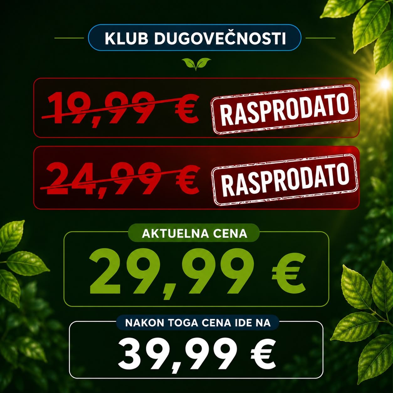 Klub dugovečnosti — cena članstva